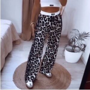 Leopard Print Wide Leg Pants - Black & Cream